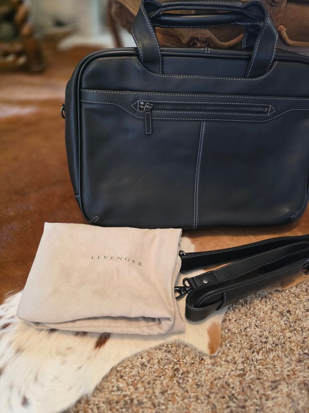 Levenger Large Black Supple Leather Satchel Crossbody Portfolio Bag Briefcase
